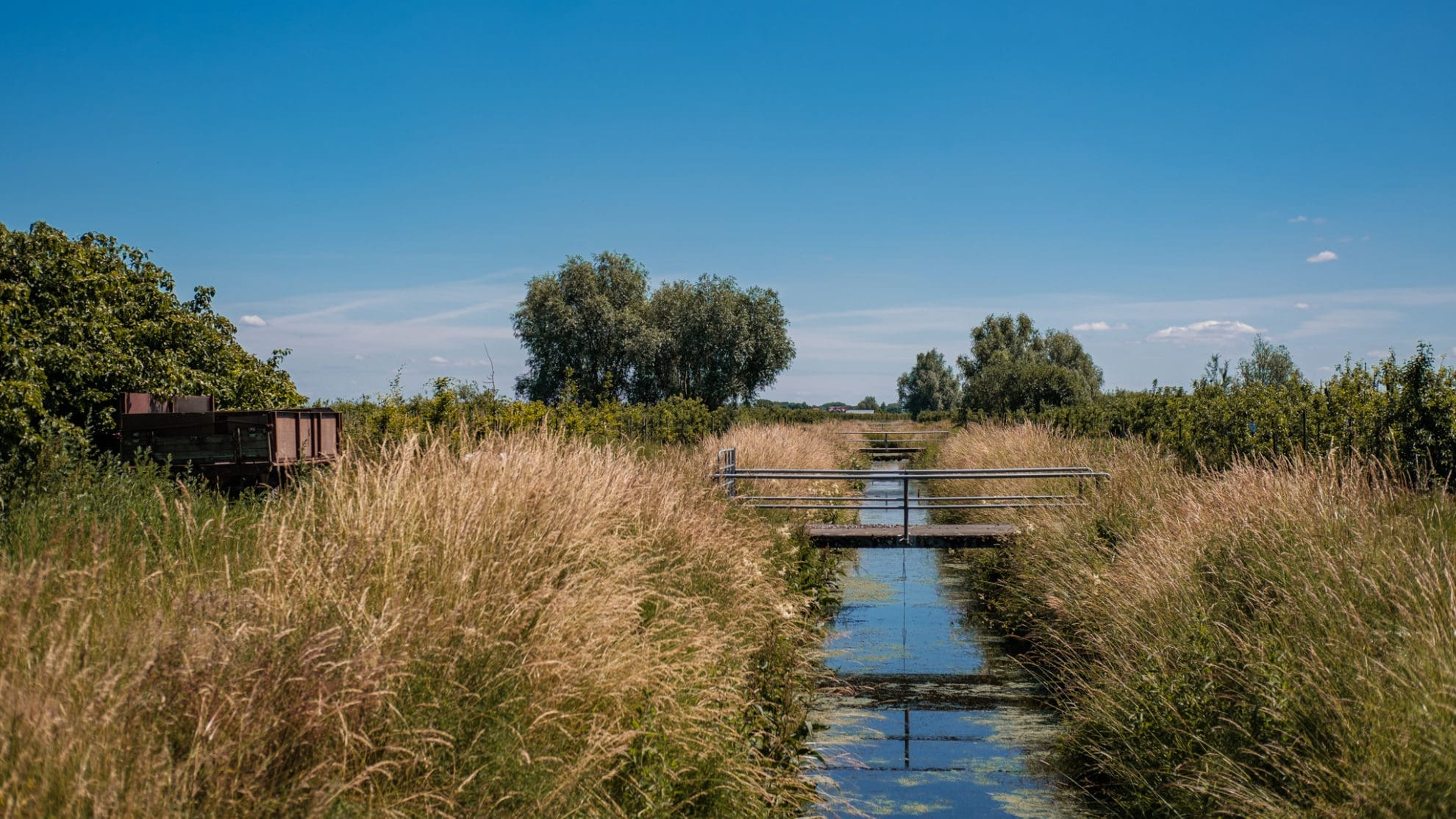 Ein kleiner Entwüsserungskanal mit einer kleinen Brücke im Vordergrund. Am Rand wachsen hohe Gräser. Links im Bild steht ein alter Anhänger.