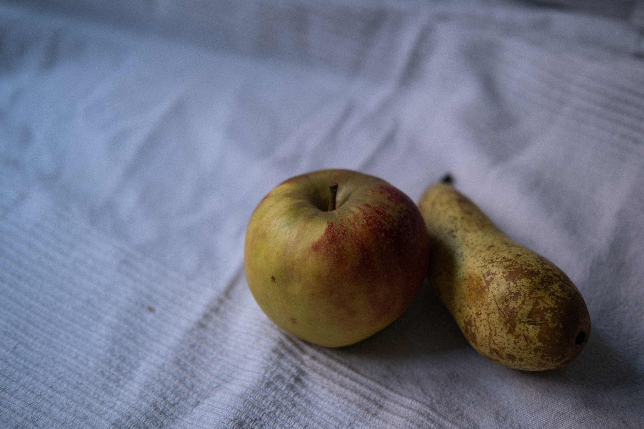 Ein rot gefleckter Apfel und eine lange schmale Birne liegen auf einem weißen Tuch und bilden ein Stillleben