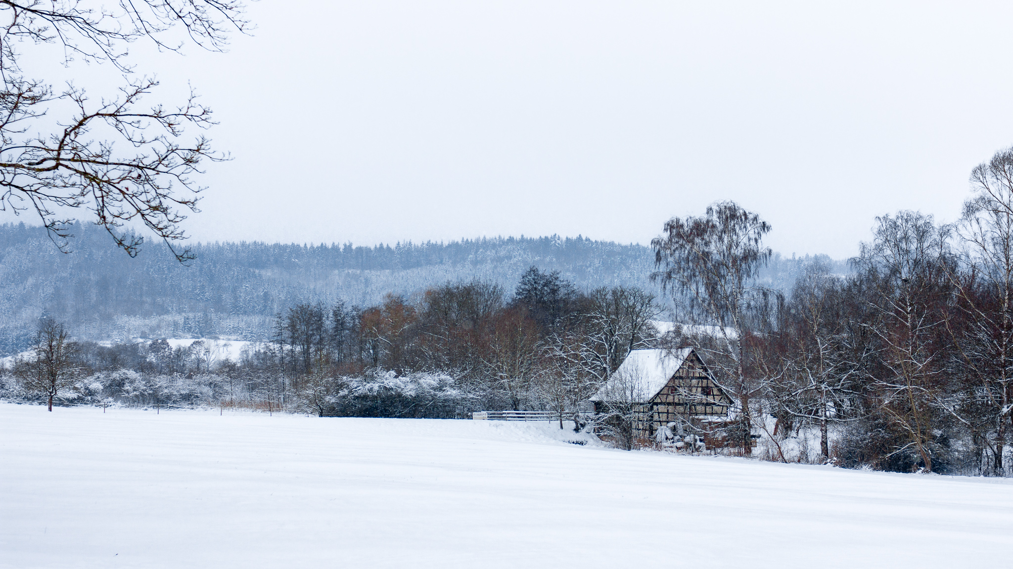 In einer verschneiten Winterlandschaft steht ein altes Fachwerkhaus an einem Bach, im Hintergrund zeichnen sich Nadelwälder auf einem Hügel ab