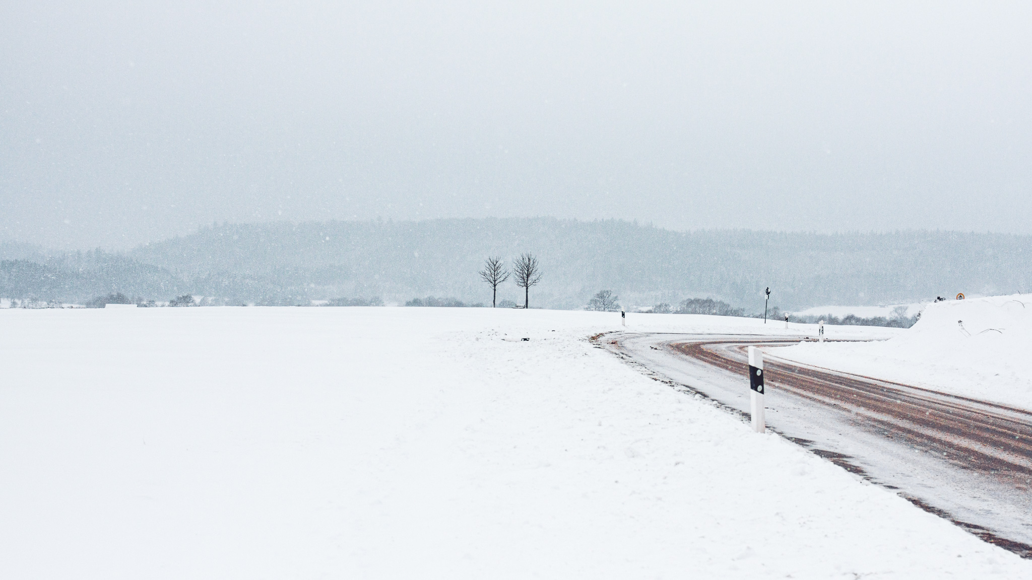 Durch eine weiß verschneite Landschaft mit bewaldeten Hügeln im Hintergrund knickt eine verschneite Straße nach rechts ab, im Mittelpunkt stehen zwei einzelne kleine Bäume auf einem Feld.